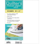 Packaging for C&T Quilter's Freezer Paper showing a box with a sample freezer paper sheet and an image of a sewing machine with the paper. The box highlights the product's use for quilting and piecing, and its size of 30 sheets 8½" x 11".