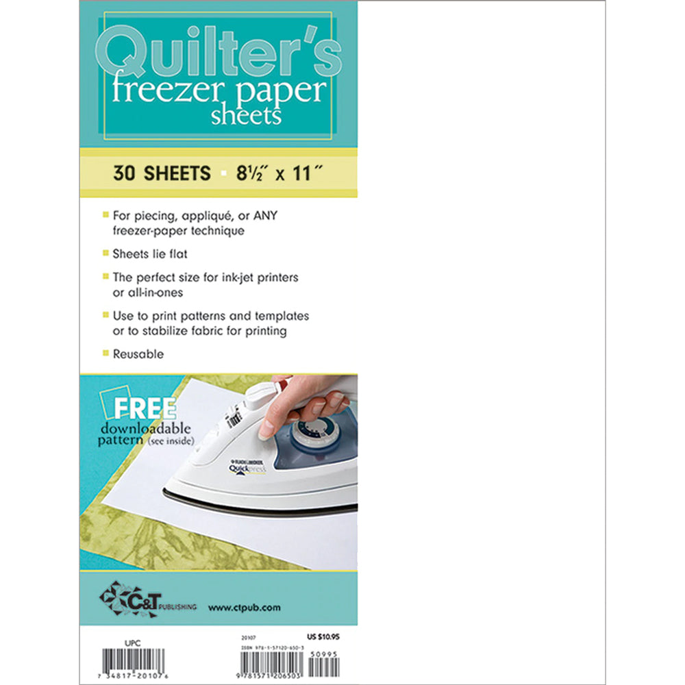 Packaging for C&T Quilter's Freezer Paper showing a box with a sample freezer paper sheet and an image of a sewing machine with the paper. The box highlights the product's use for quilting and piecing, and its size of 30 sheets 8½" x 11".