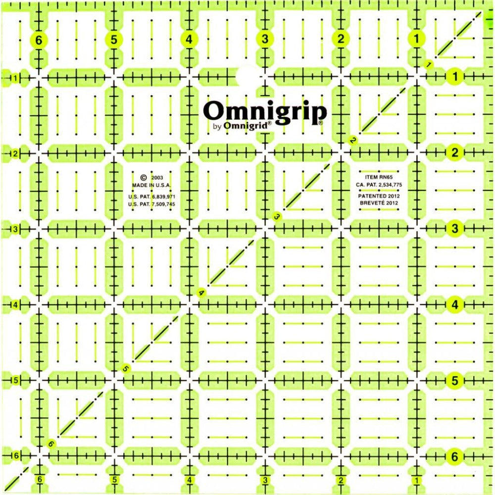 Omnigrip 6.5 Inch Square Ruler with Non-Slip Backing for Quilting and Patchwork