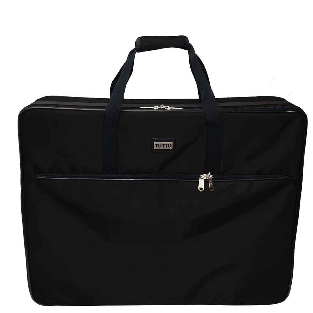A black Tutto brand large embroidery module tote made from ballistic nylon with a fibreglass frame, featuring multiple pockets and a shoulder strap.