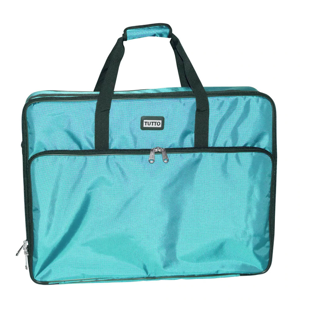 A turquoise Tutto brand large embroidery module tote made from ballistic nylon with a fibreglass frame, featuring multiple pockets and a shoulder strap.