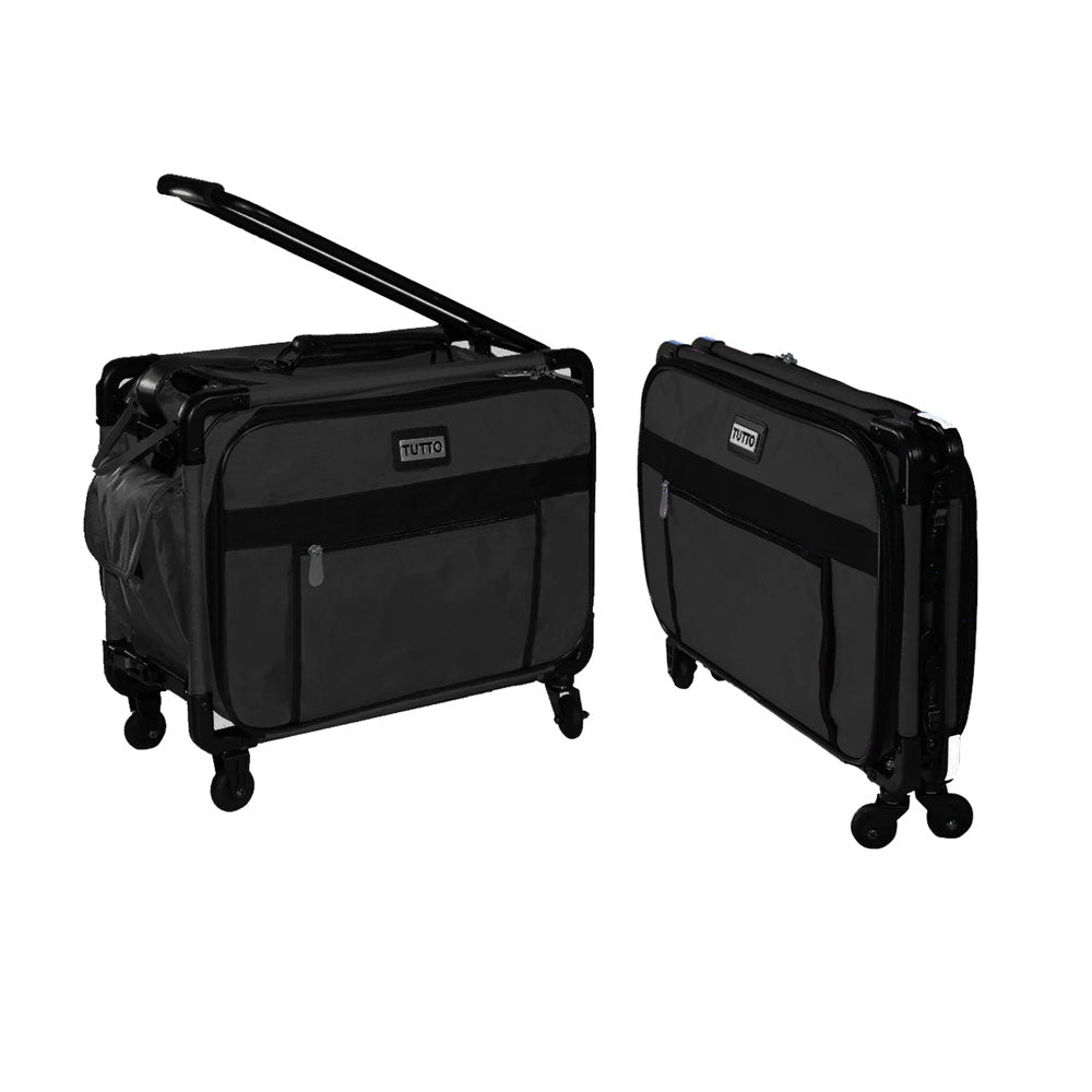 A small black Tutto brand machine tote with a black frame and telescopic pull bar, featuring multiple pockets and the Tutto logo on the side.